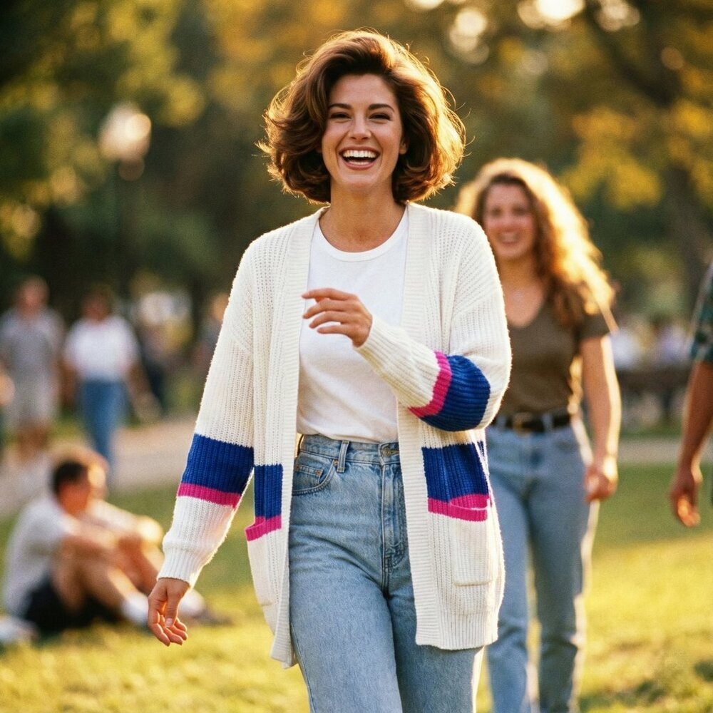 Ultra Flirt White Oversized Open Cardigan Blue Pink Bold Stripe Y2K Preppy M VTG